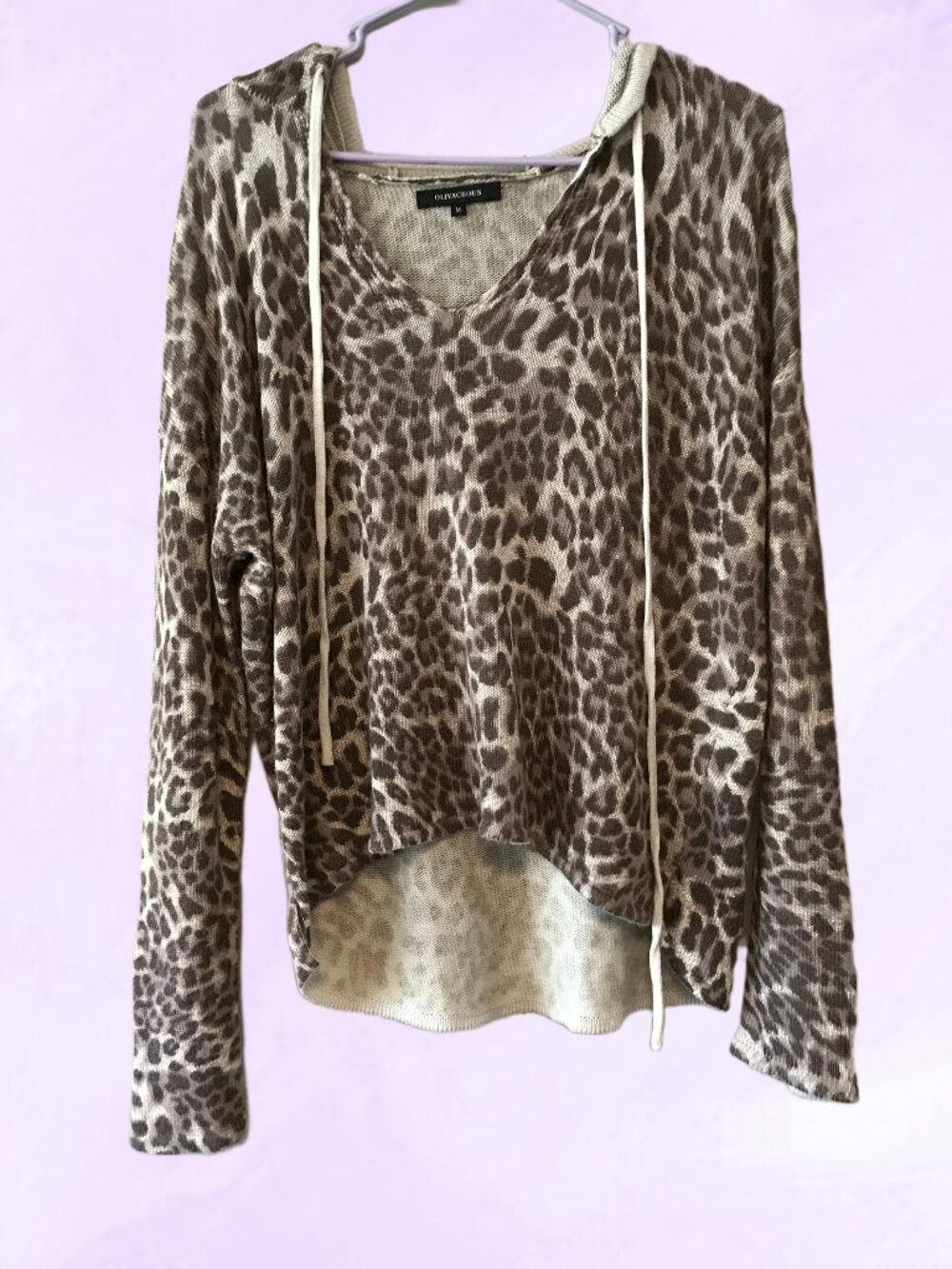 Olivaceous wool blend animal print pullover blouse hooded hoodie oversized M